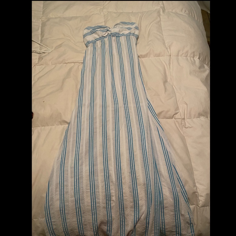 Blue and white striped long strapless dress